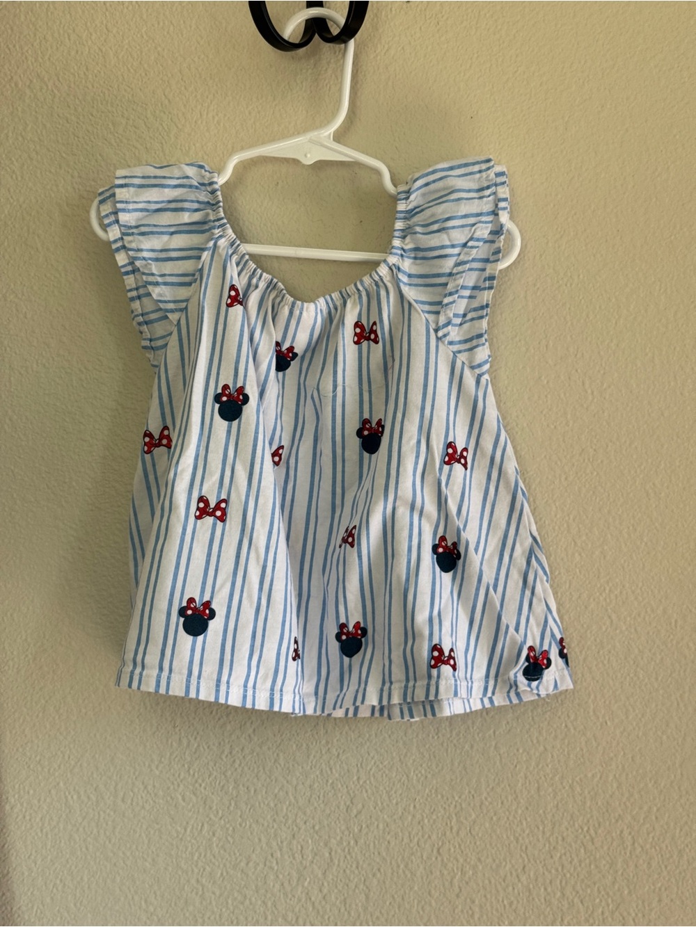 Disney Blue & White Striped Minnie Mouse Flutter Sleeve Top with Red Bows